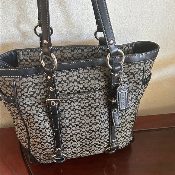 Coach Black and Gray Signature Canvas Shoulder Tote